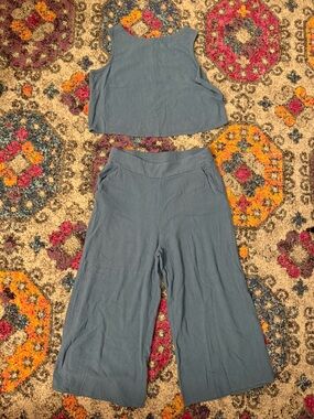 Linen Blend Crop Top and Wide-Leg Pants Set Slate Blue w Button Up Back Medium